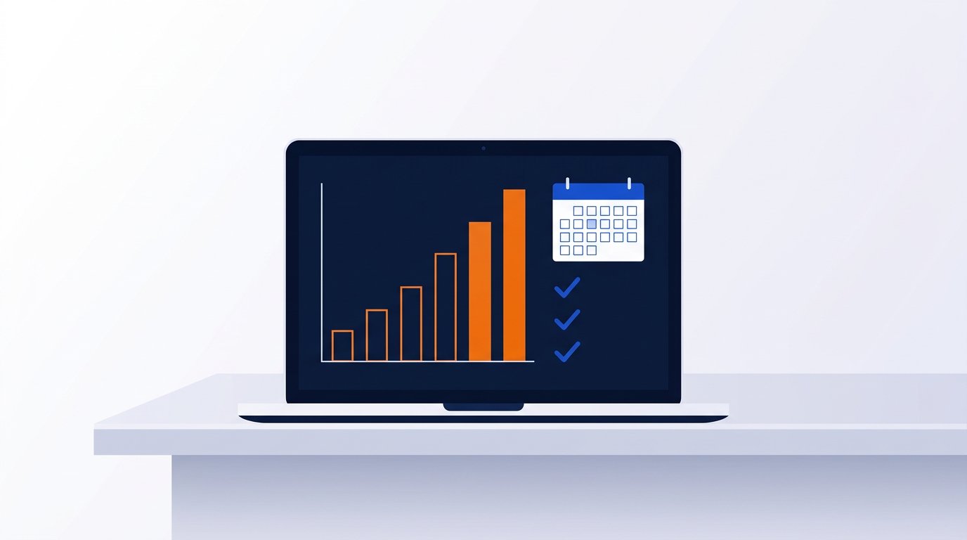 Monthly content review showing a bar chart and calendar grid