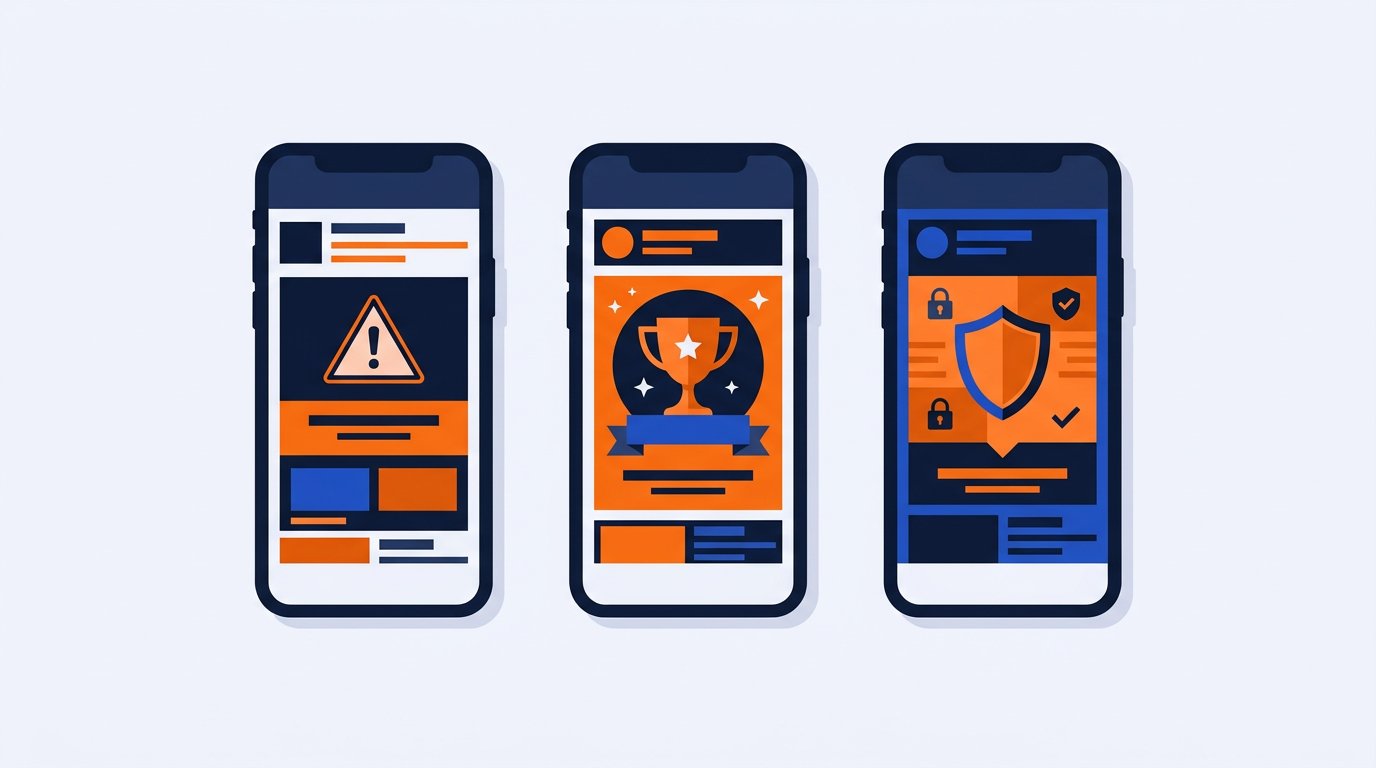 Three mobile ad creative layouts testing different angles